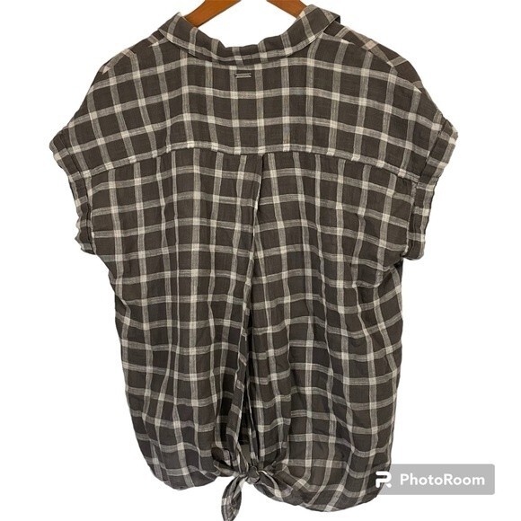 Lucky Brand Brown Plaid Button Down Boyfriend Top Blouse With Tie Back Size M - Picture 7 of 14
